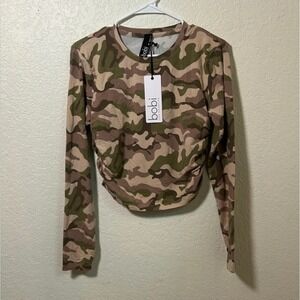 Bobi Los Angeles Camouflage Ruched Long Sleeve Crop Top Women's Size Medium